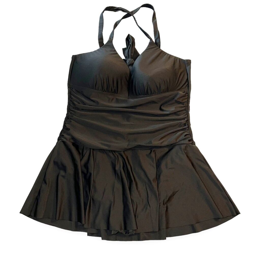 Mycoco Womens Swimsuit Swim Dress Black Ruched Tummy Adjustable Black Size 16